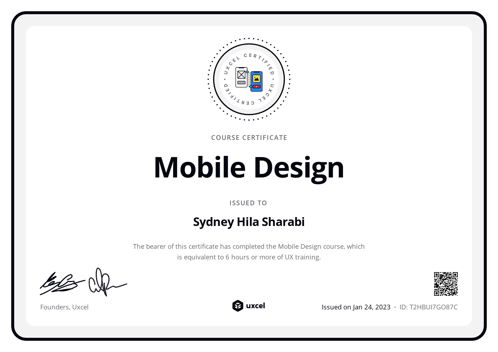 Sydney Hila Sharabi's certificate